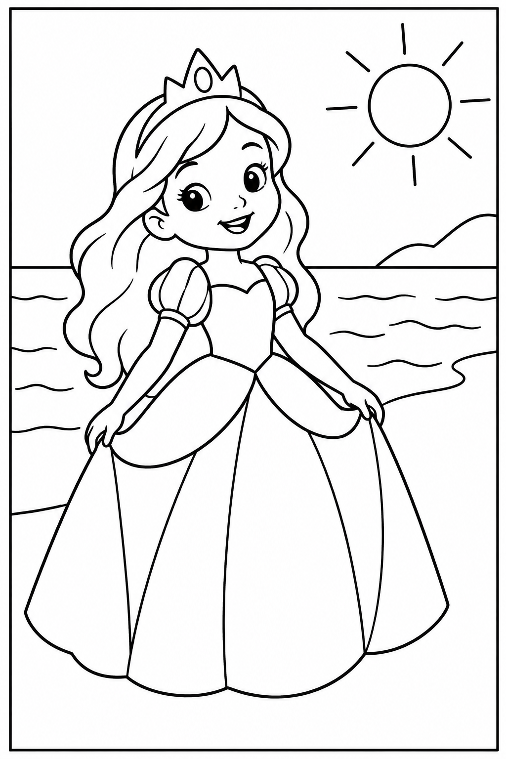 Prinses — Op het strand — kleurplaat om te printen
