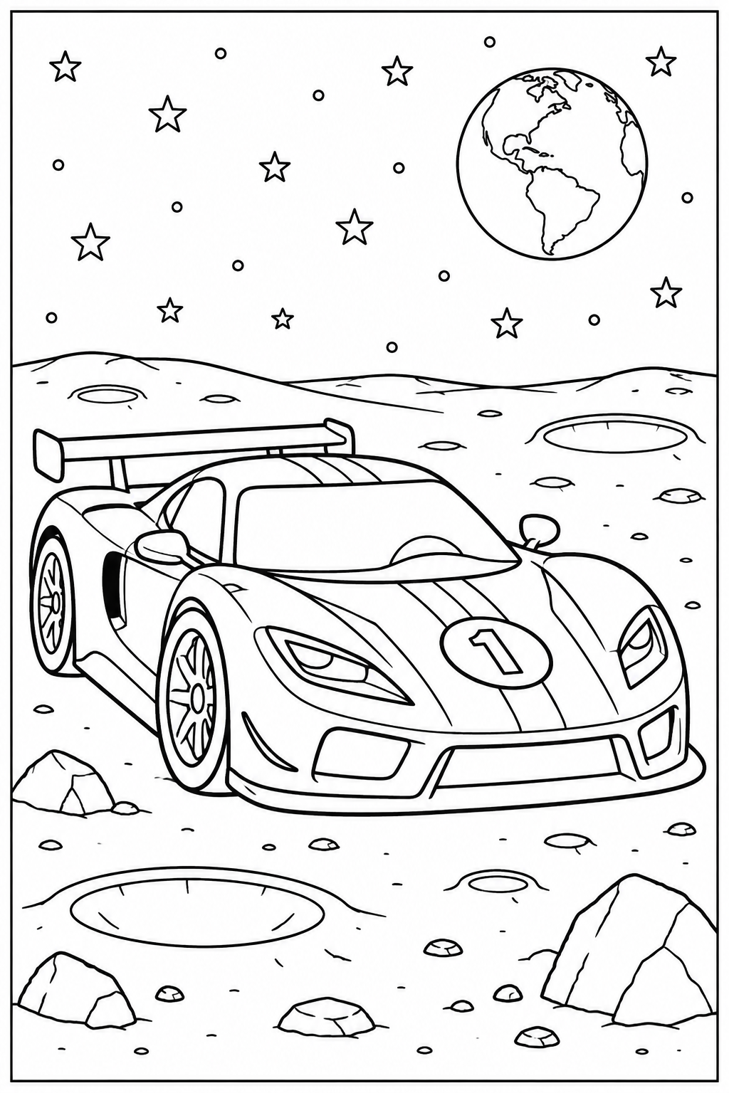 Raceauto — Op de maan — kleurplaat om te printen