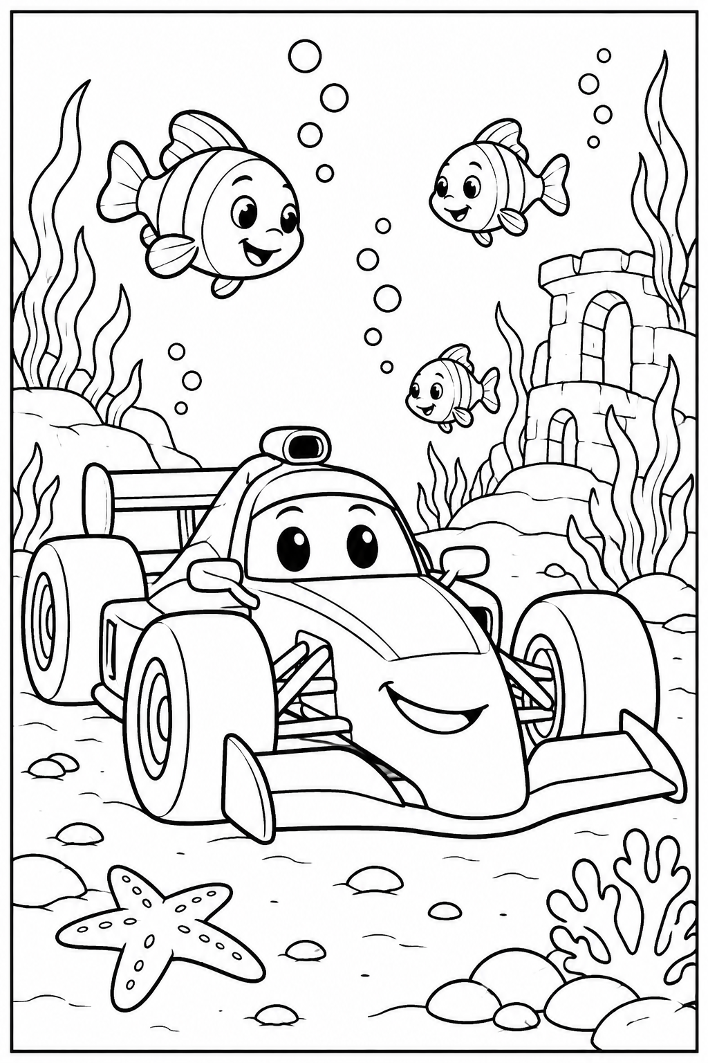 Raceauto — Onder water — zwart-wit kleurplaat