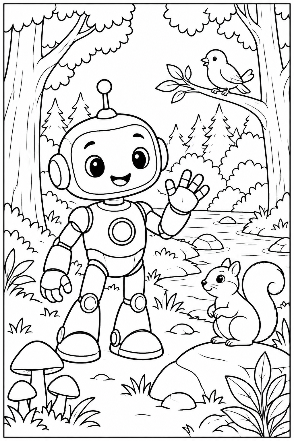 Robot — In het bos — kleurplaat om te printen
