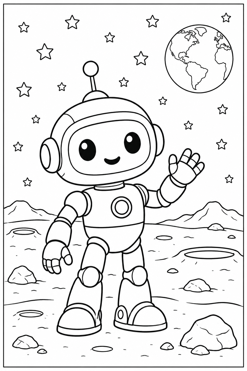 Robot — Op de maan — kleurplaat om te printen