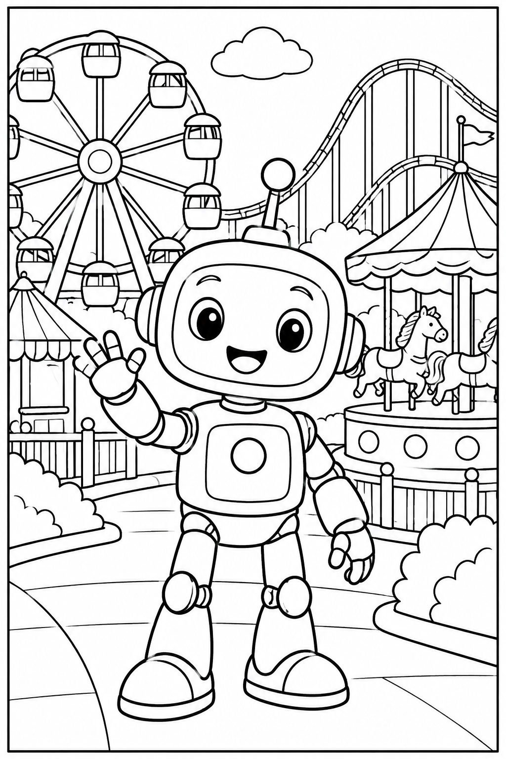 Robot — In het pretpark — kleurplaat om te printen