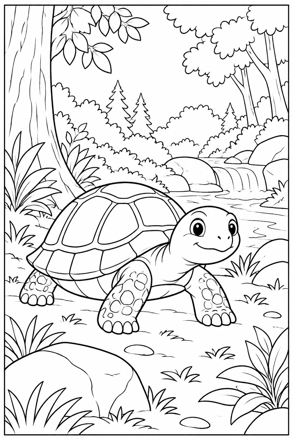 Schildpad — In het bos — kleurplaat om te printen