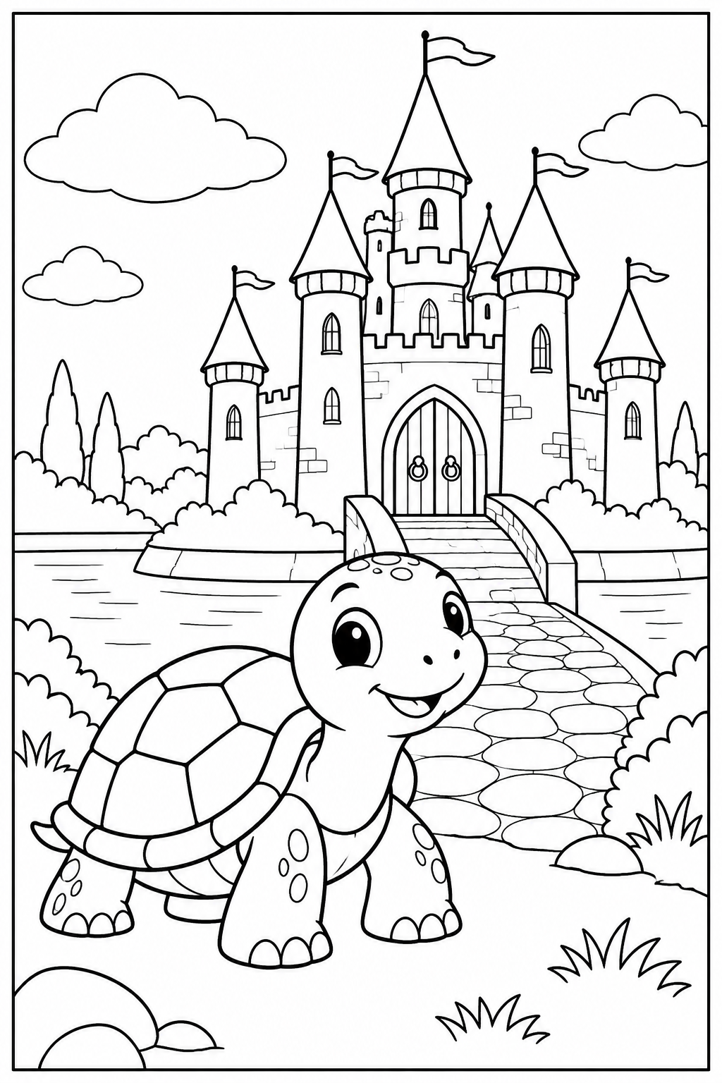 Schildpad — Bij een kasteel — kleurplaat om te printen