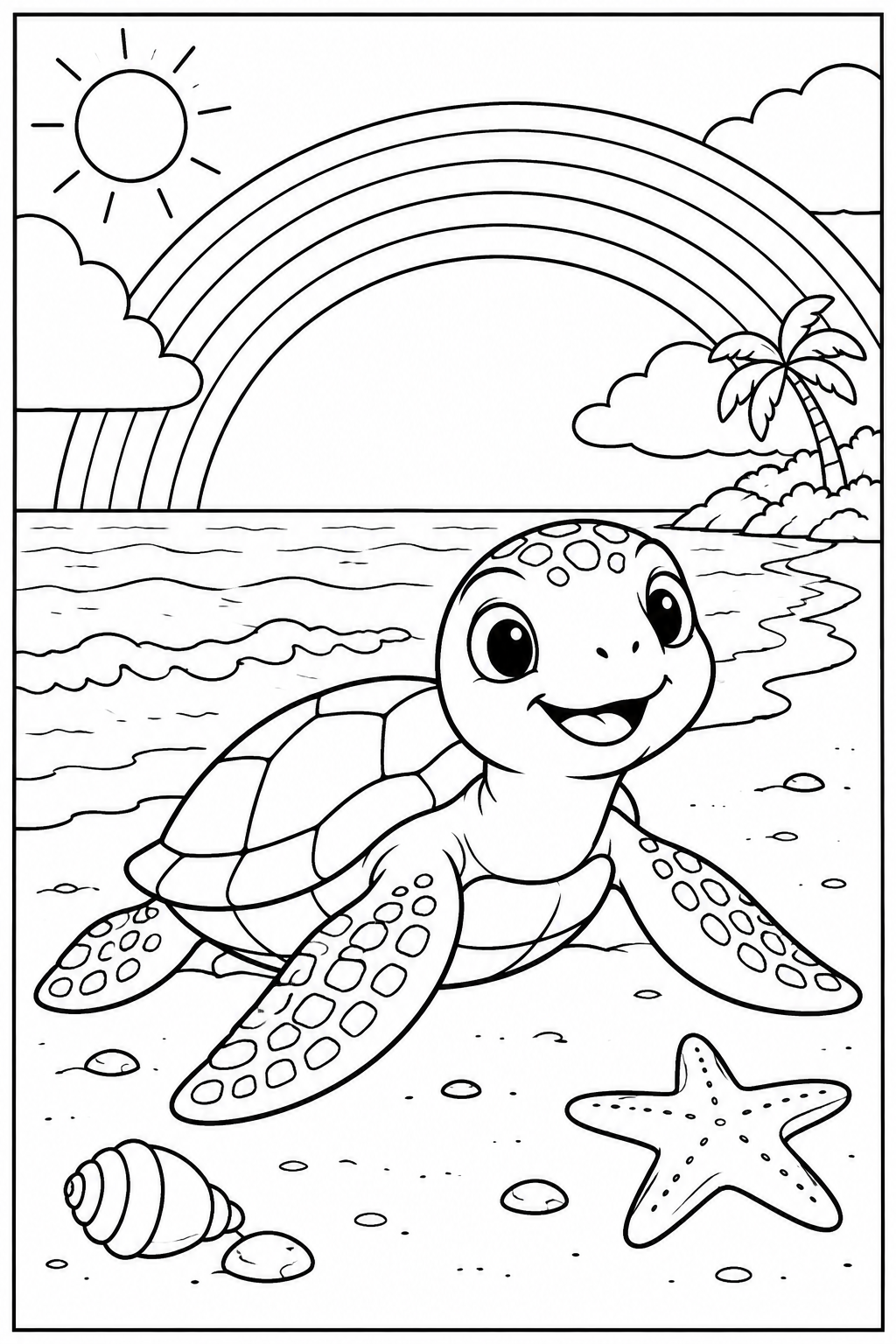 Schildpad — Bij de regenboog — kleurplaat om te printen