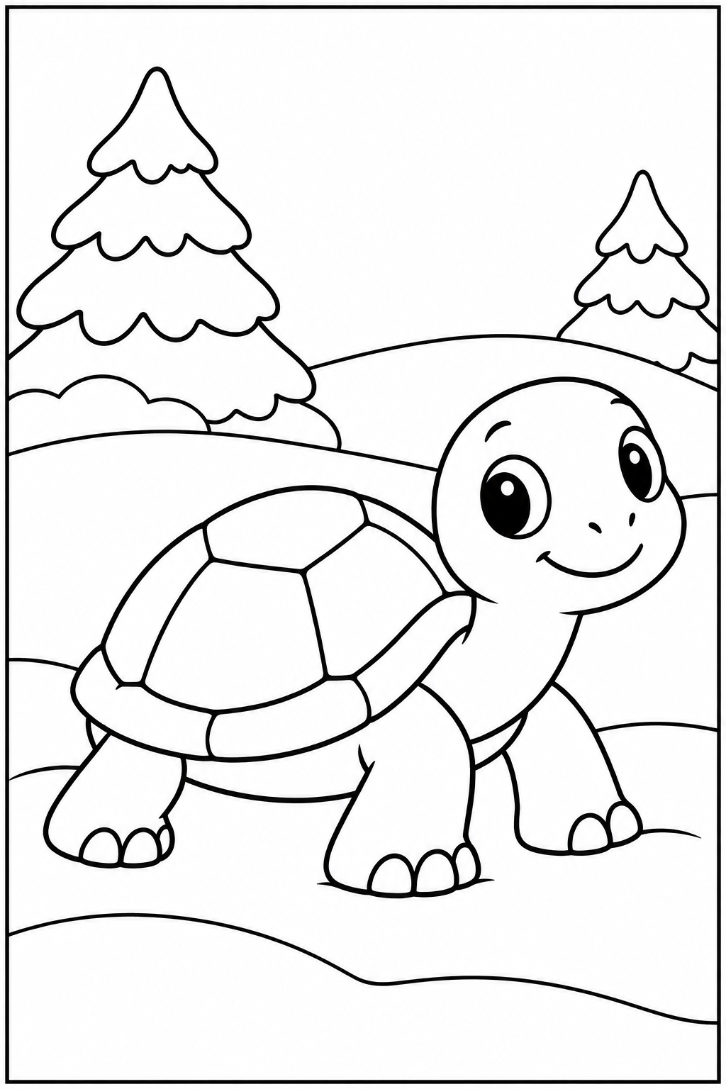 Schildpad — In de sneeuw — zwart-wit kleurplaat
