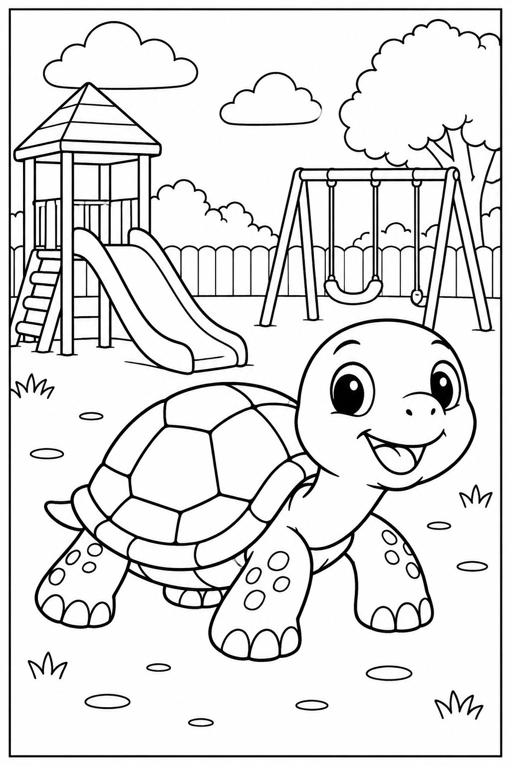 Schildpad — In de speeltuin — zwart-wit kleurplaat