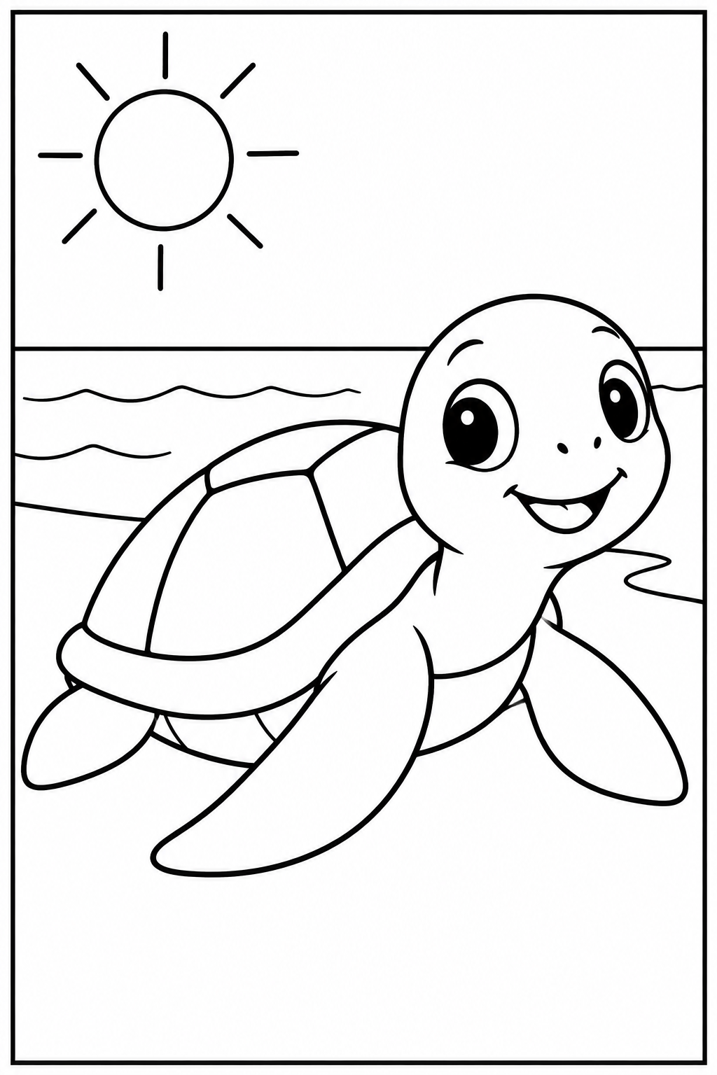 Schildpad — Op het strand — kleurplaat om te printen