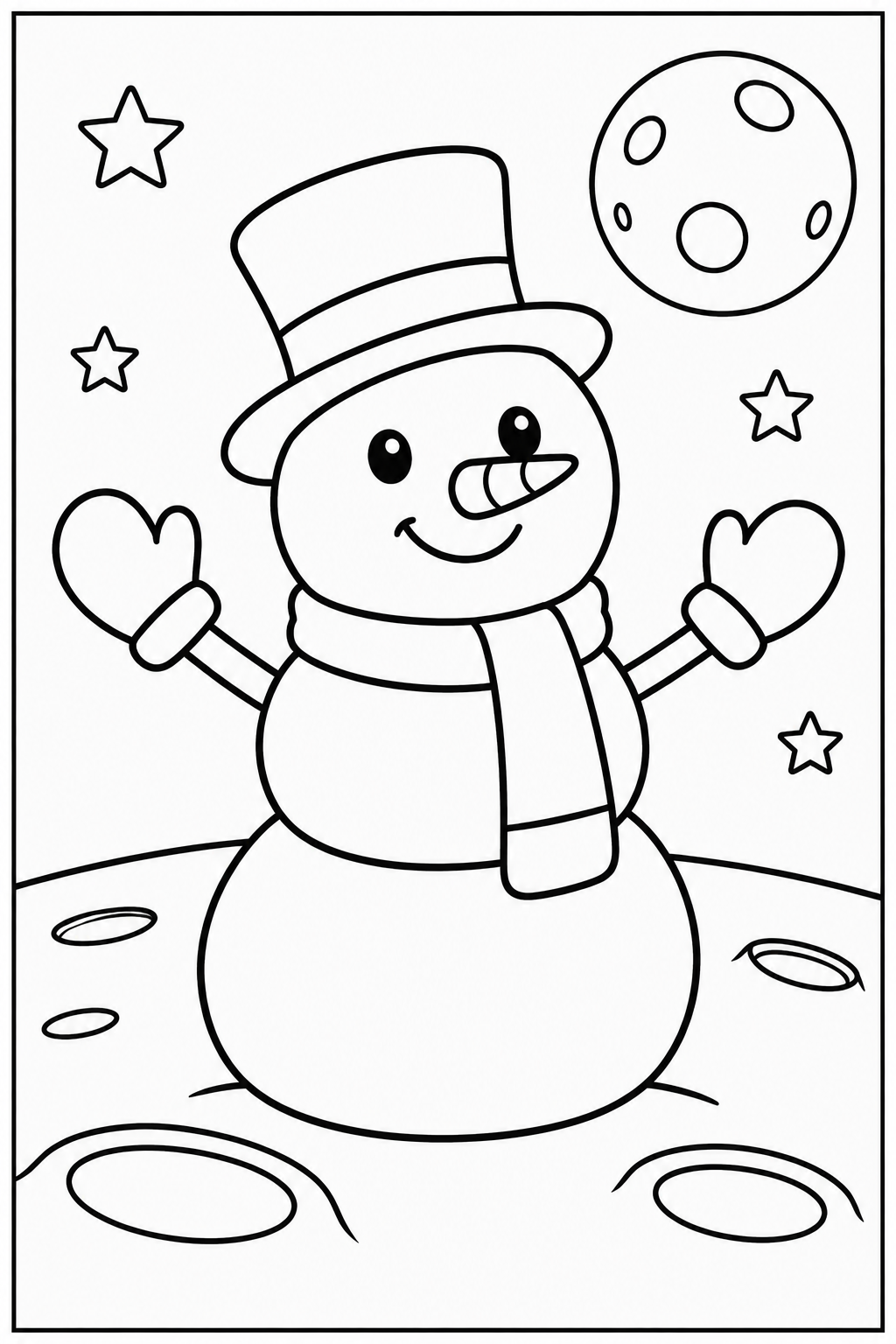 Sneeuwpop — Op de maan — zwart-wit kleurplaat