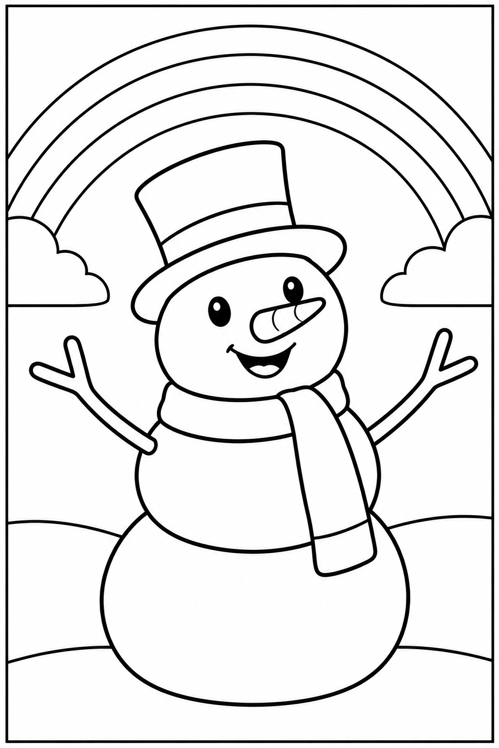 Sneeuwpop — Bij de regenboog — zwart-wit kleurplaat