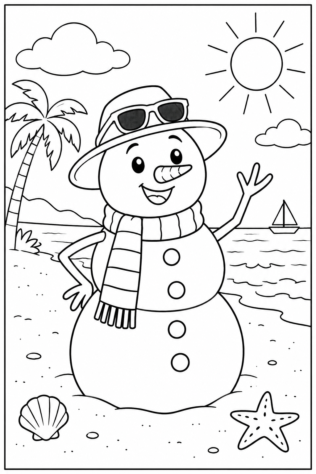 Sneeuwpop — Op het strand — kleurplaat om te printen
