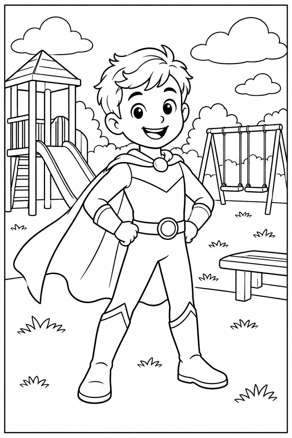 Superheld — In de speeltuin — zwart-wit kleurplaat