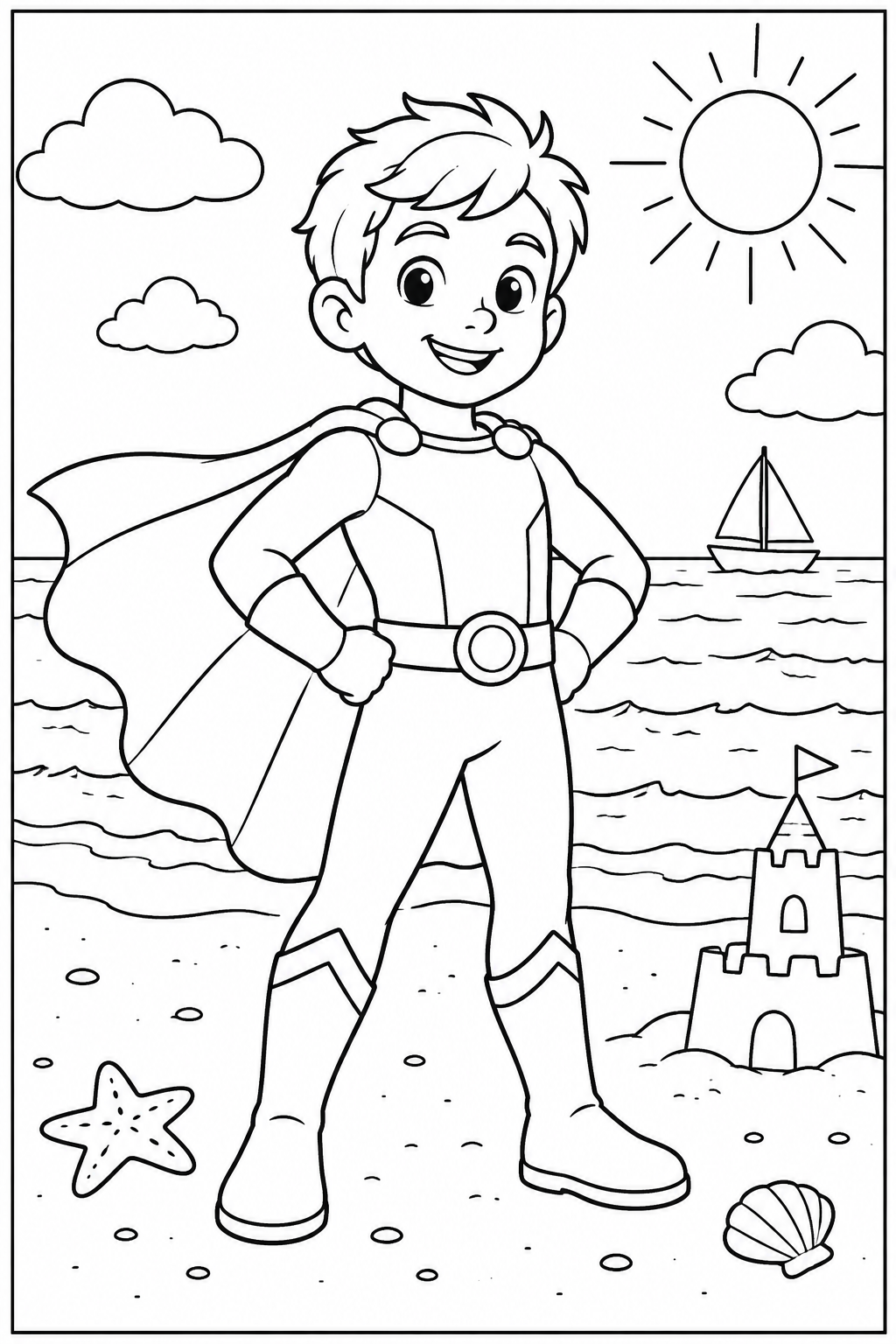 Superheld — Op het strand — kleurplaat om te printen