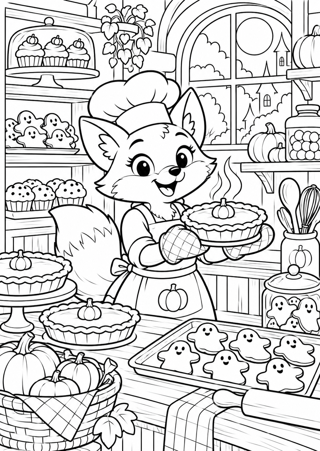 De Halloweenbakkerij — zwart-wit kleurplaat
