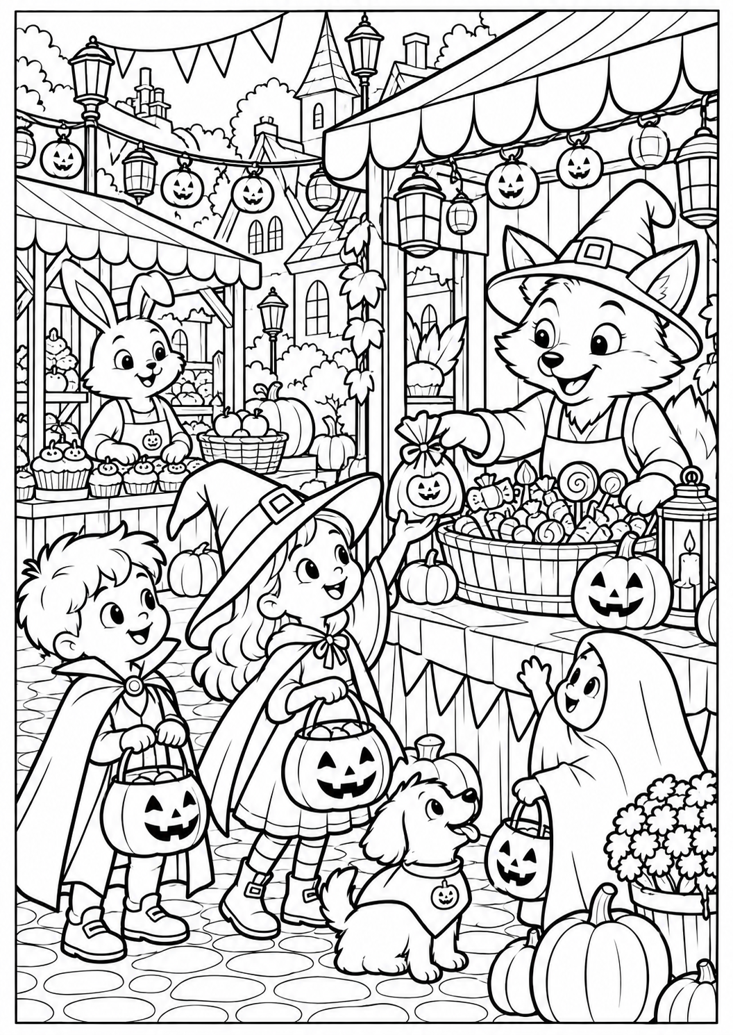 De Halloweenmarkt — zwart-wit kleurplaat