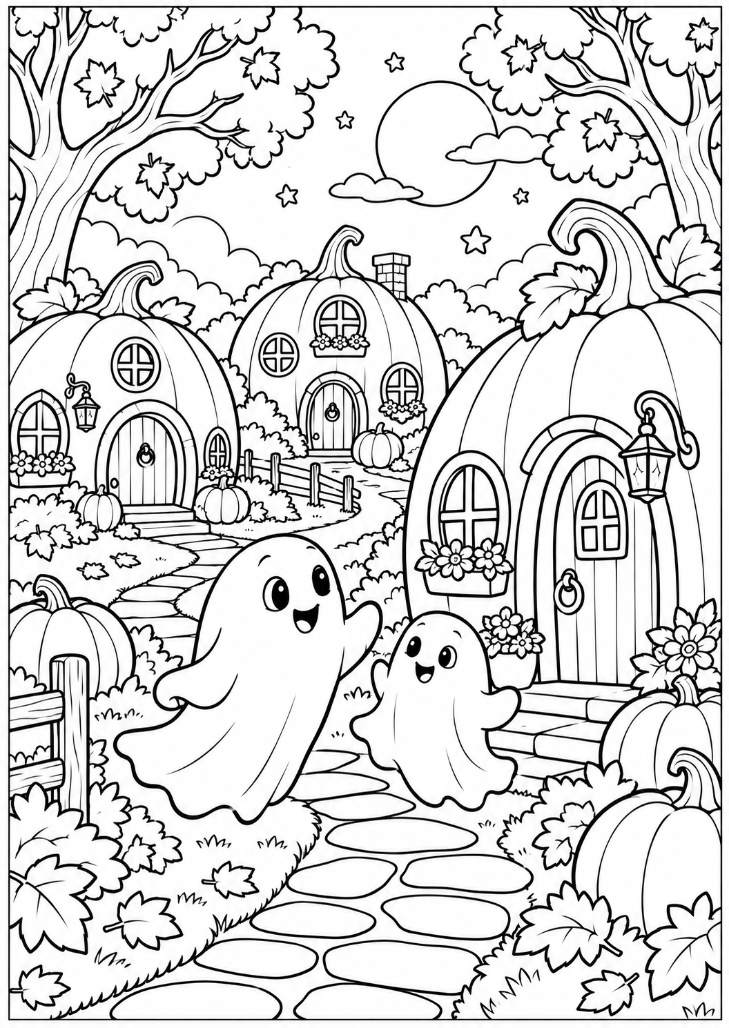 Halloween in het pompoendorp — zwart-wit kleurplaat
