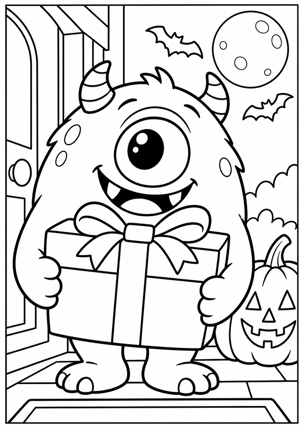 Het monster met het cadeautje — zwart-wit kleurplaat