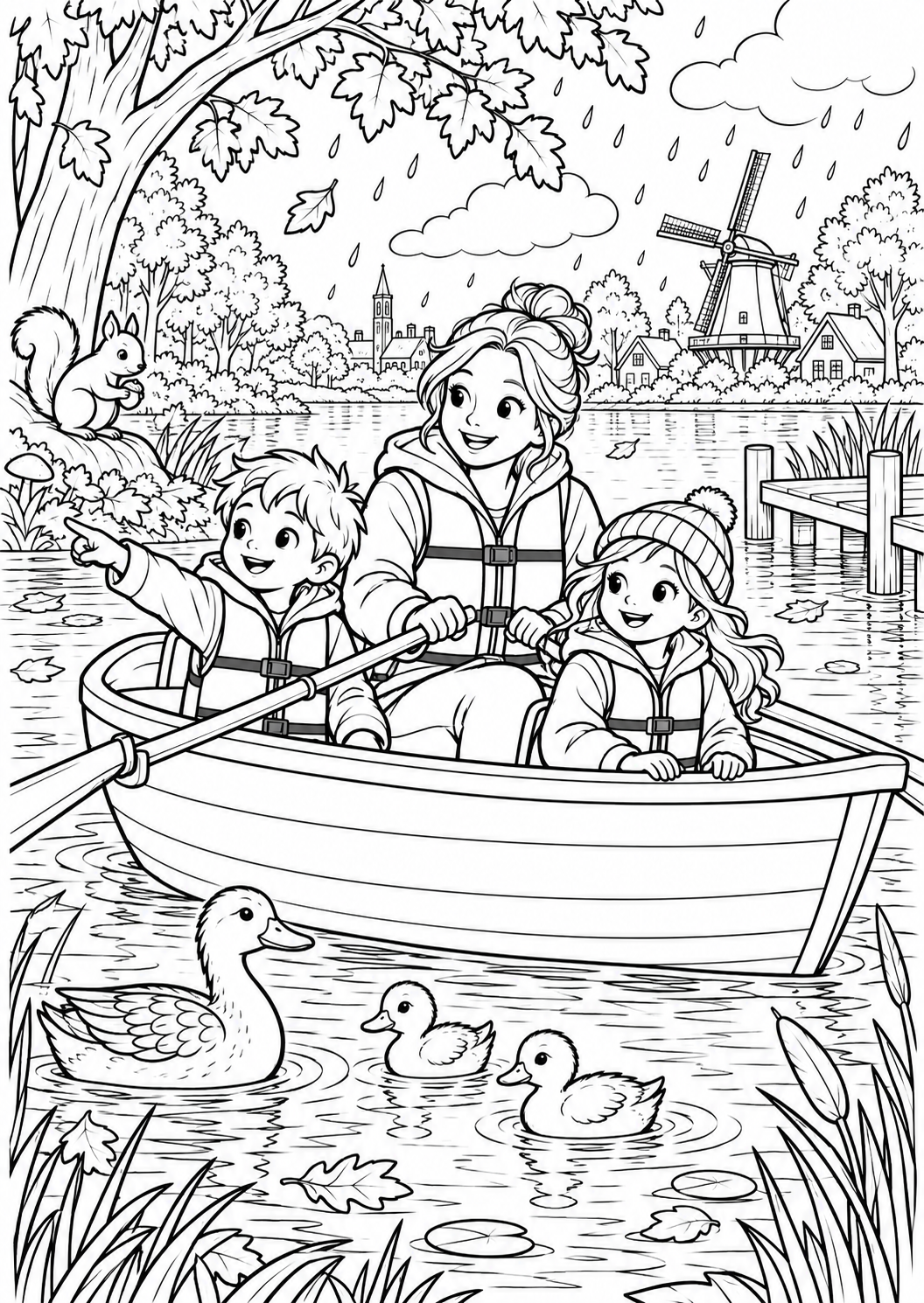 De herfstboot op het meer — zwart-wit kleurplaat