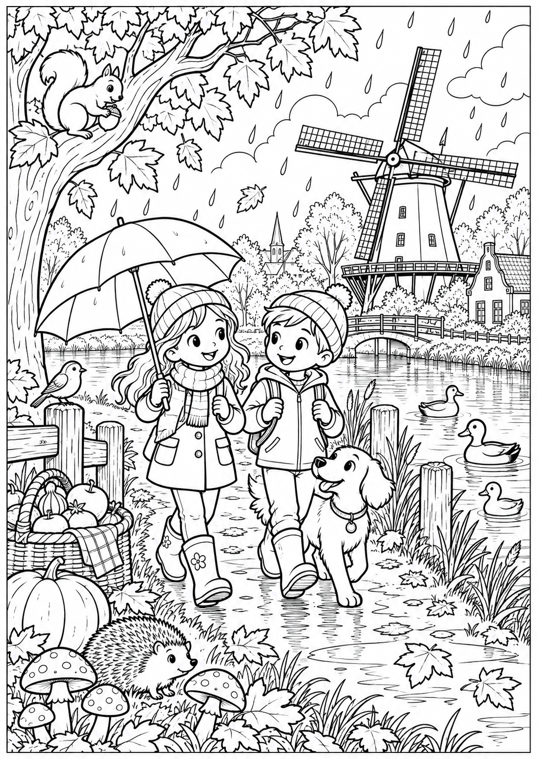 De herfstmolen aan het water — zwart-wit kleurplaat