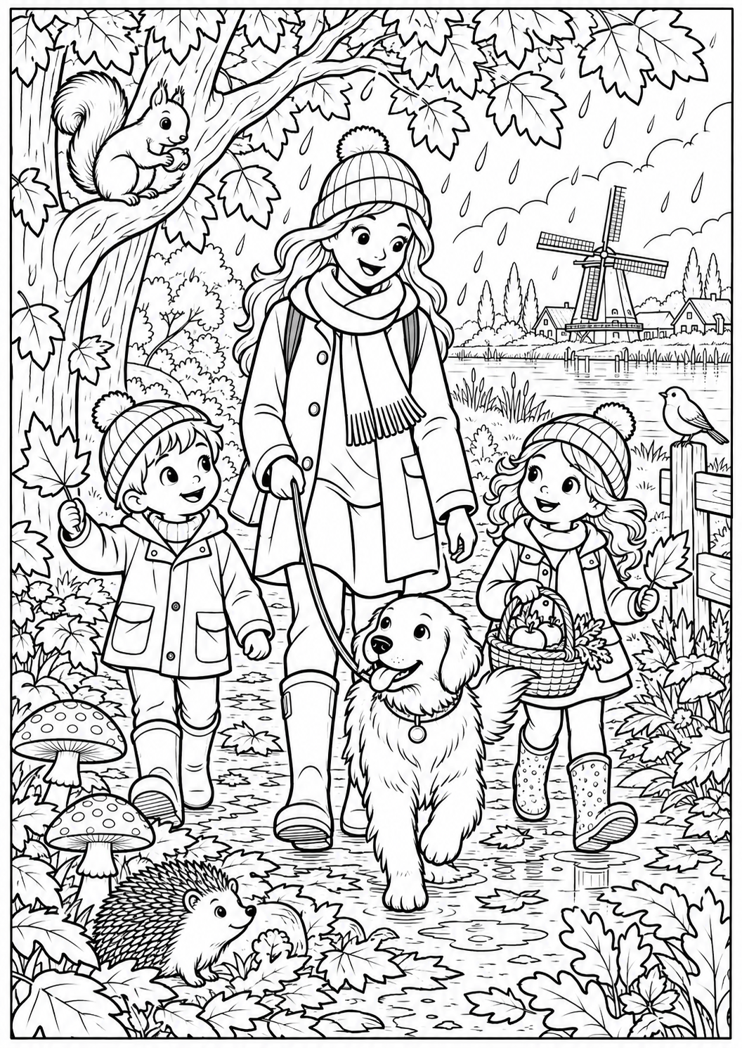 De herfstwandeling door het bos — zwart-wit kleurplaat