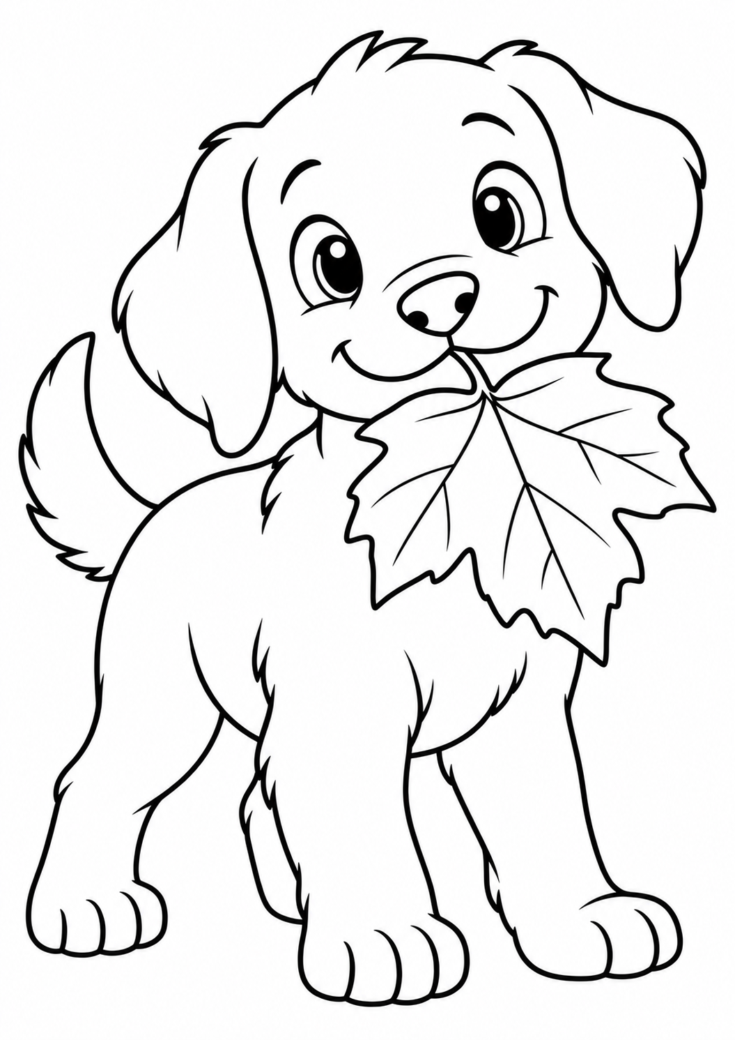 De hond met het blad — zwart-wit kleurplaat