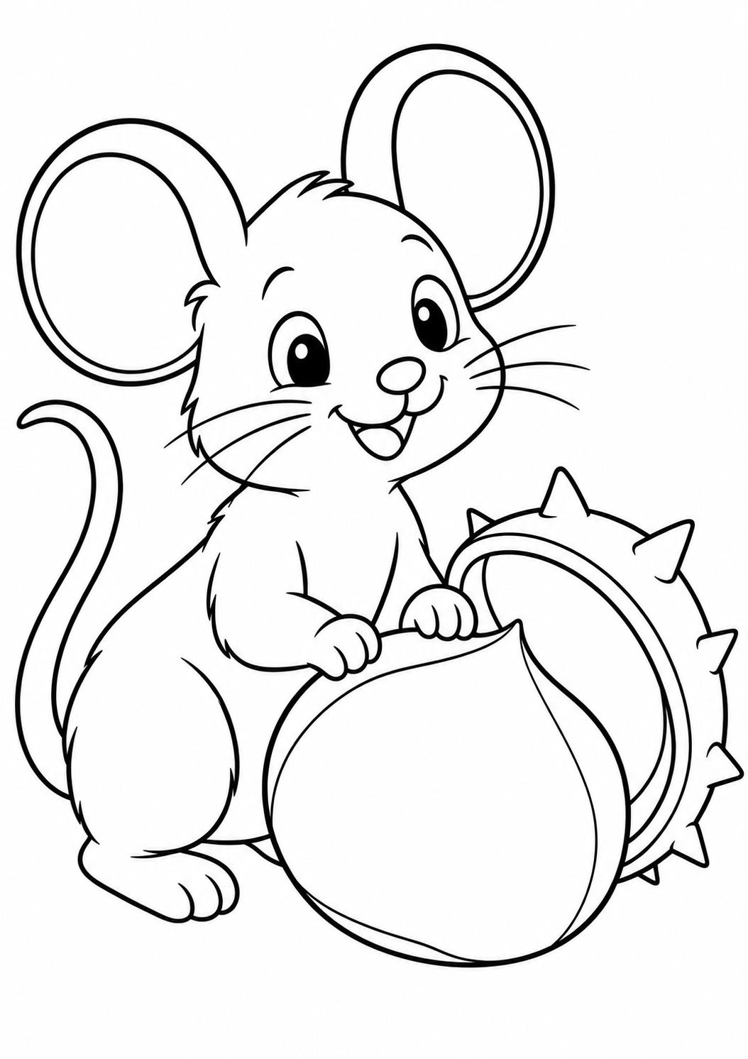 De muis bij de kastanje — zwart-wit kleurplaat