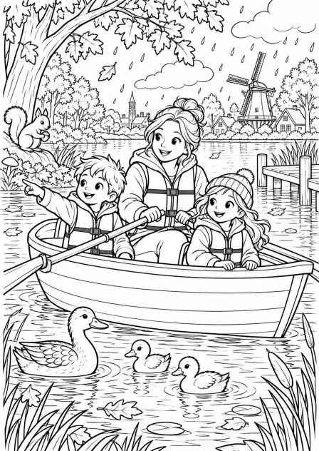 De herfstboot op het meer — kleurplaat om te printen