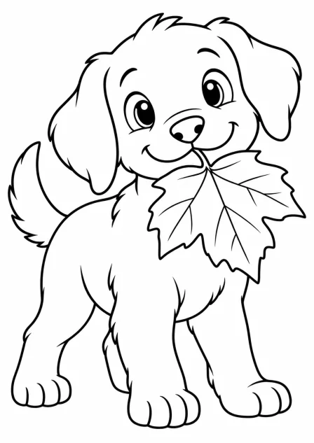 De hond met het blad — kleurplaat om te printen
