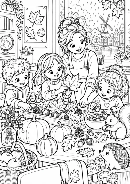 De klas maakt een herfsttafel β kleurplaat om te printen