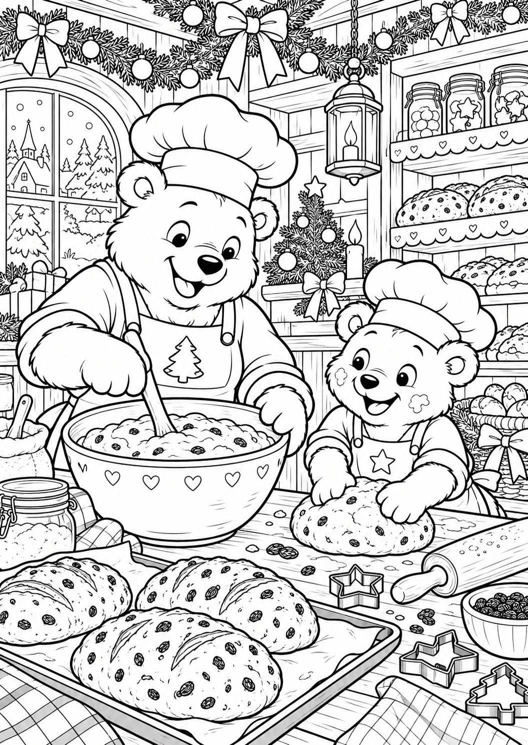 De beren bakken kerstbrood — zwart-wit kleurplaat