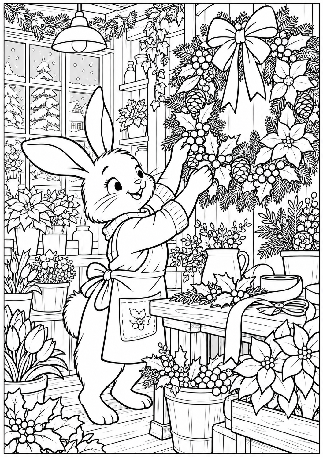 De kerstbloemenwinkel — zwart-wit kleurplaat