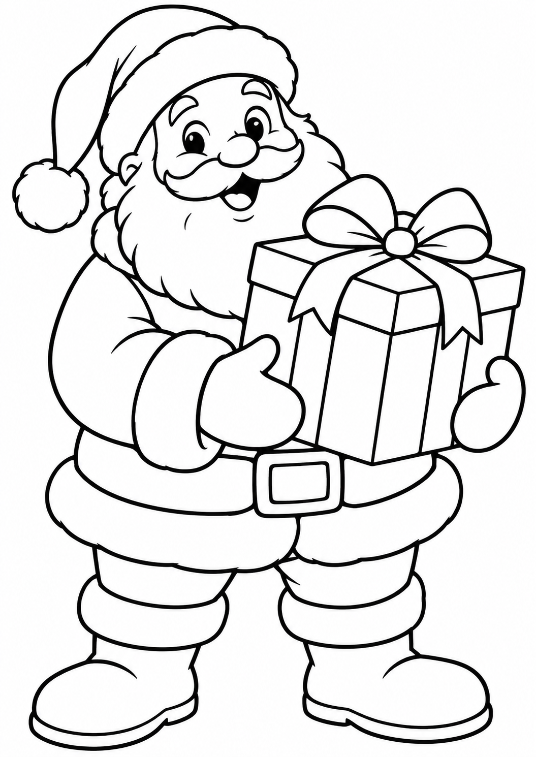 De kerstman met het pakje — zwart-wit kleurplaat