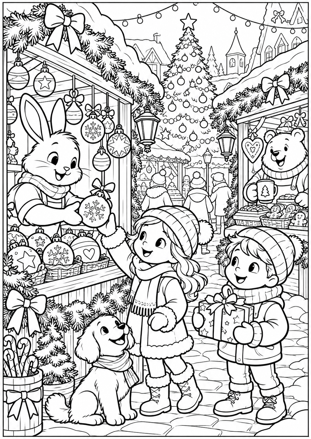 De kerstmarkt op het plein — zwart-wit kleurplaat