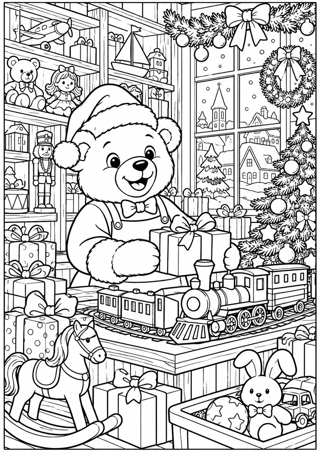 De kerstspeelgoedwinkel — zwart-wit kleurplaat