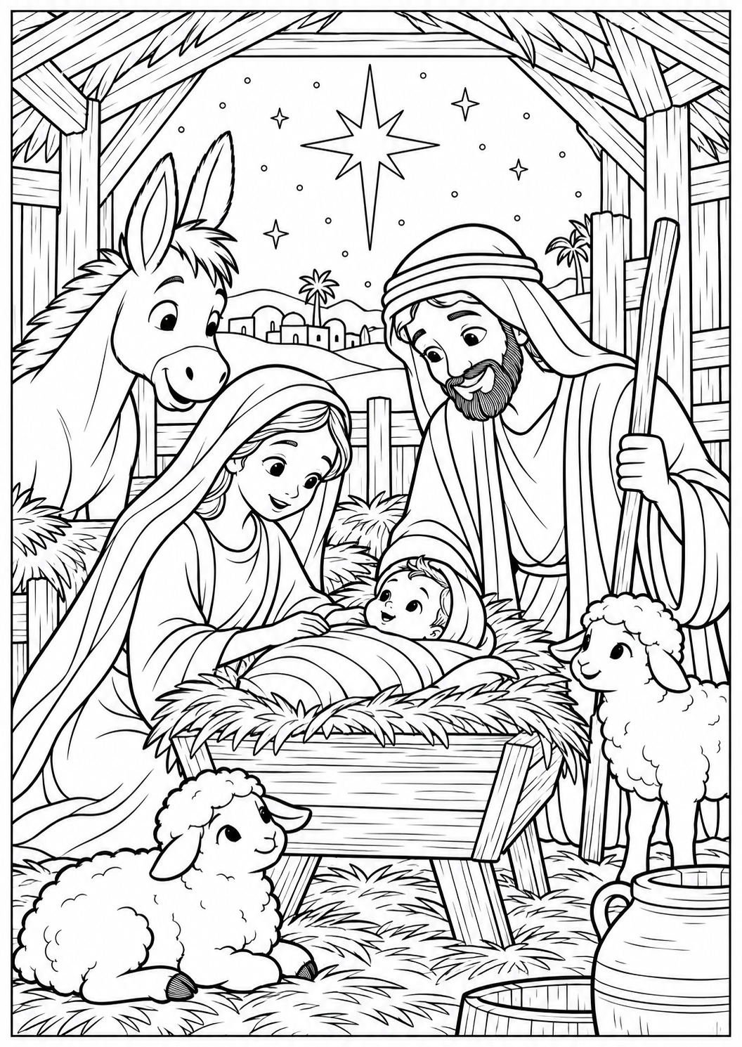 De kerststal — zwart-wit kleurplaat