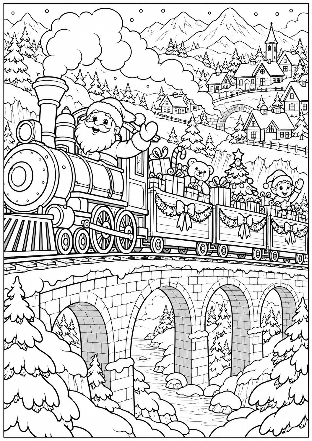De kersttrein door de bergen — zwart-wit kleurplaat