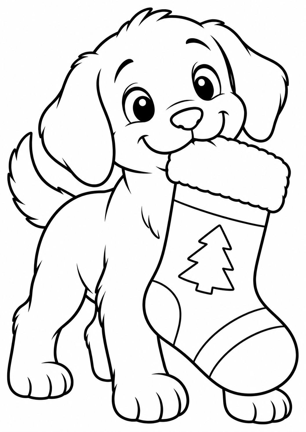 De puppy met de kerstsok — zwart-wit kleurplaat