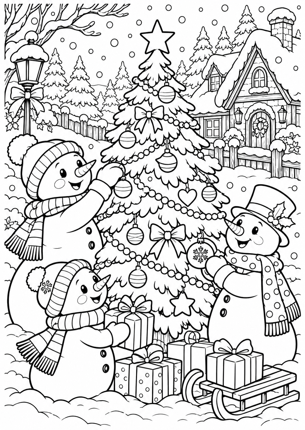 De sneeuwpoppen vieren kerst — zwart-wit kleurplaat