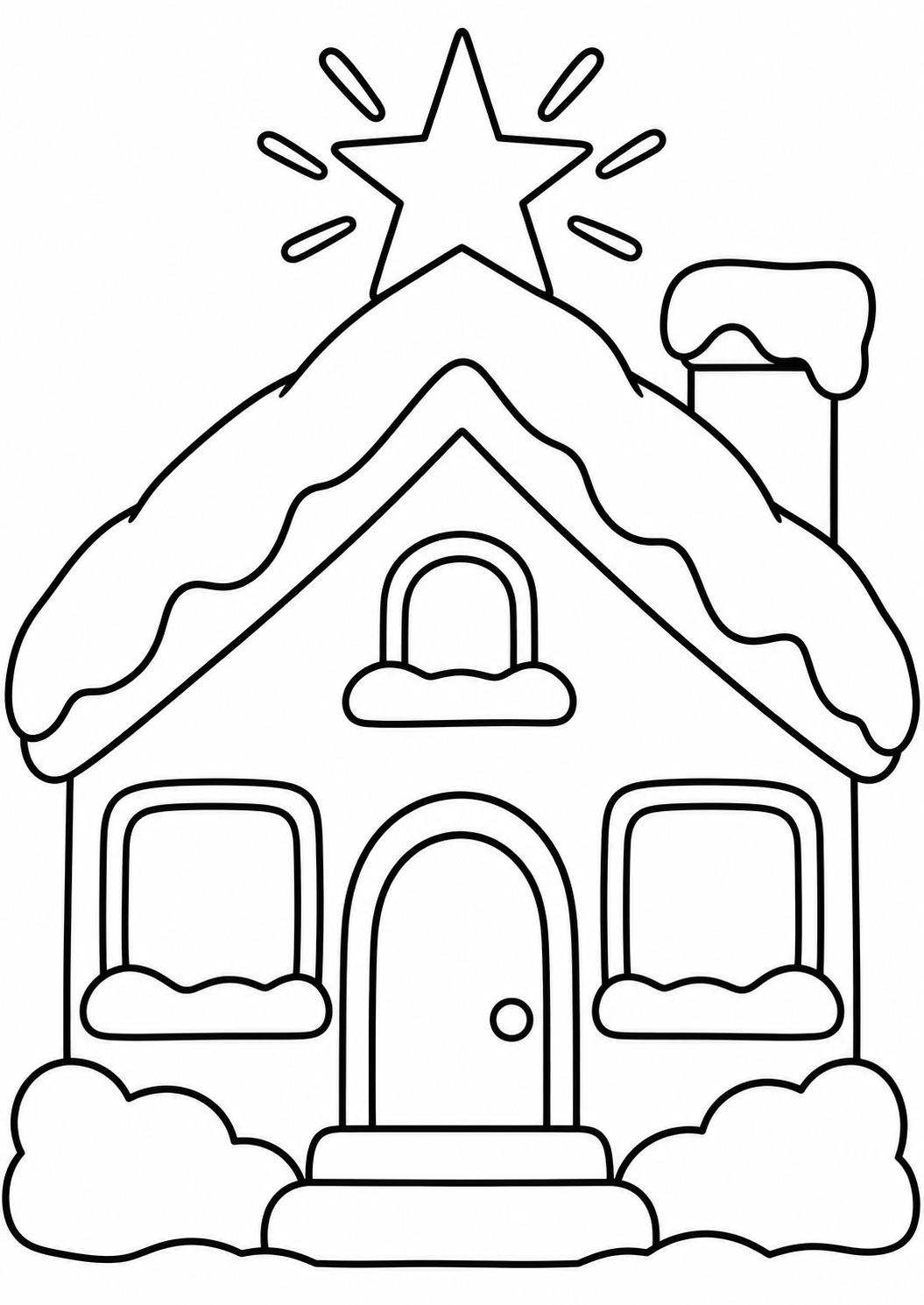 Het huisje in de sneeuw — zwart-wit kleurplaat
