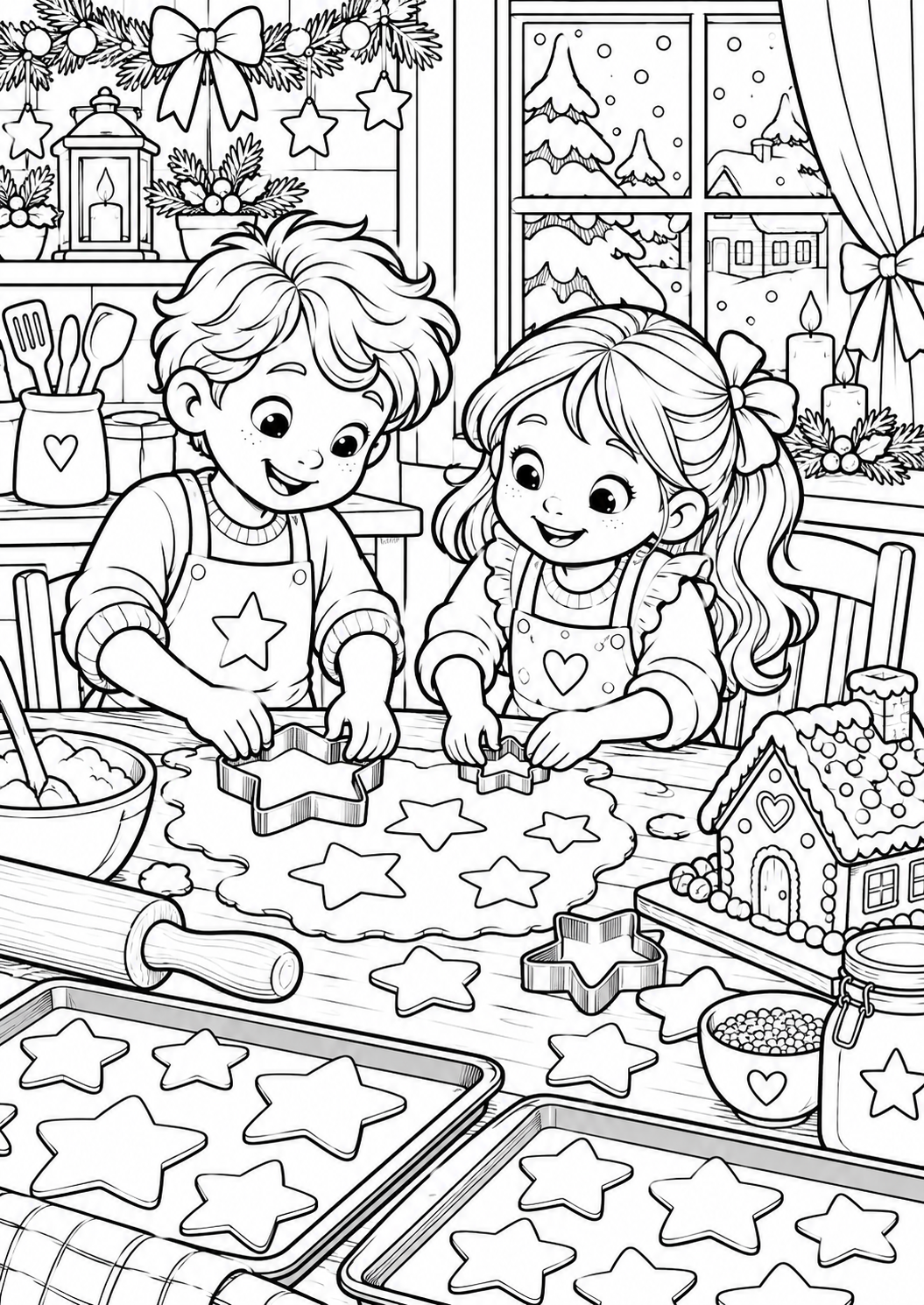 Kerstkoekjes in de keuken — zwart-wit kleurplaat