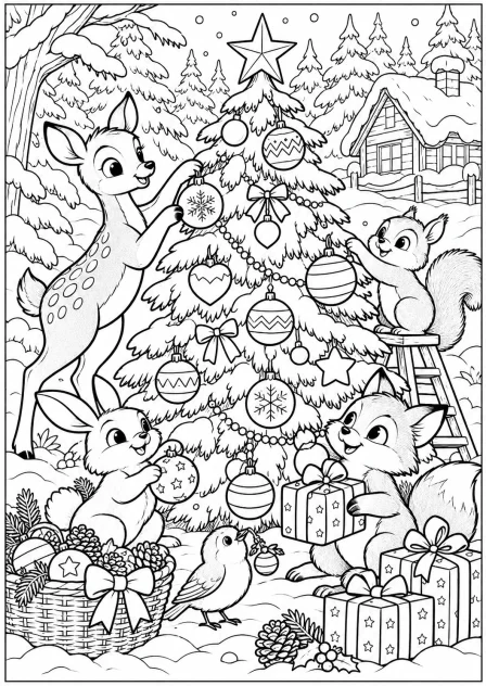 De kerstboom in het bos — kleurplaat om te printen