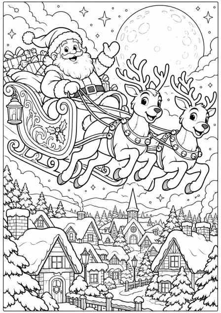 De kerstman boven de daken — kleurplaat om te printen