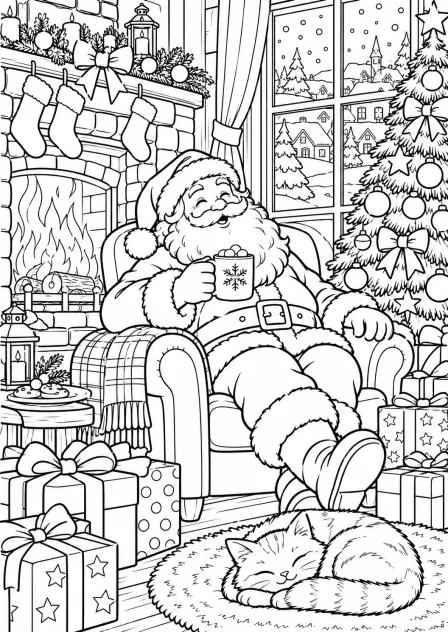 De kerstman drinkt chocolademelk — kleurplaat om te printen