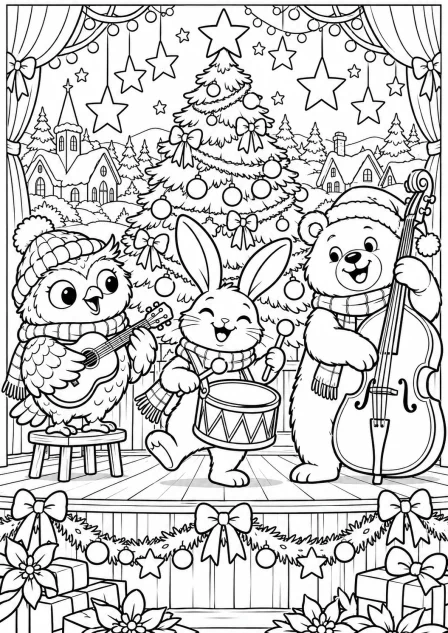 Het kerstconcert van de dieren — kleurplaat om te printen
