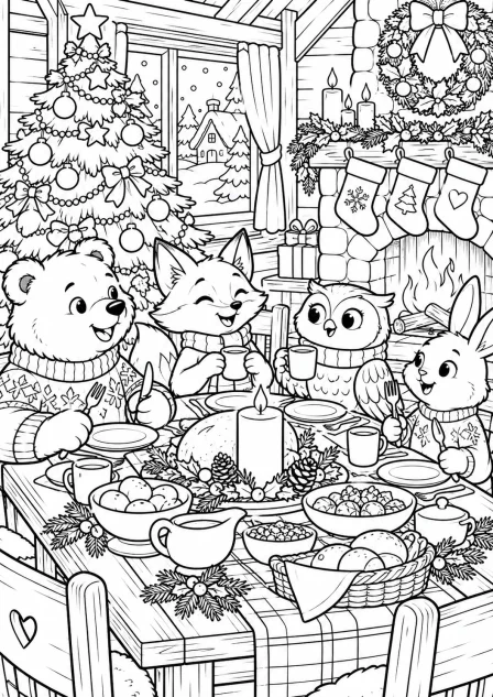 Het kerstdiner van de dieren — kleurplaat om te printen