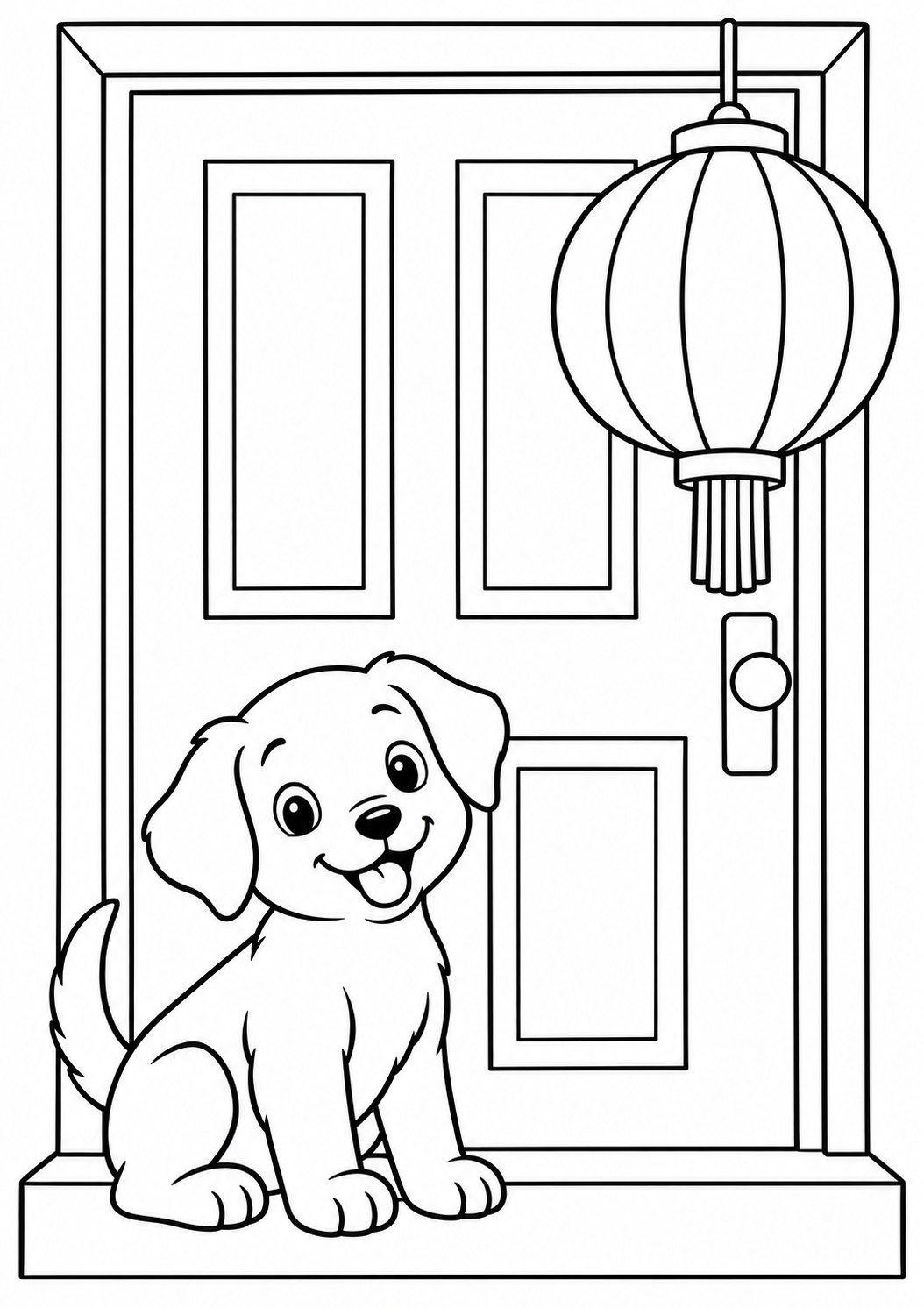 De hond bij de voordeur — zwart-wit kleurplaat