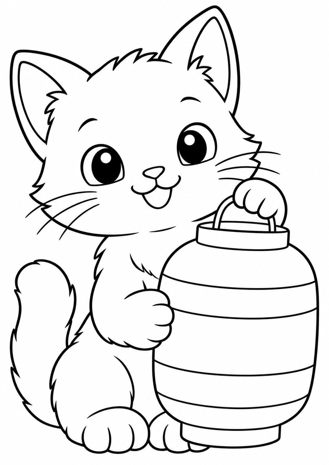 De kat met de lampion — zwart-wit kleurplaat