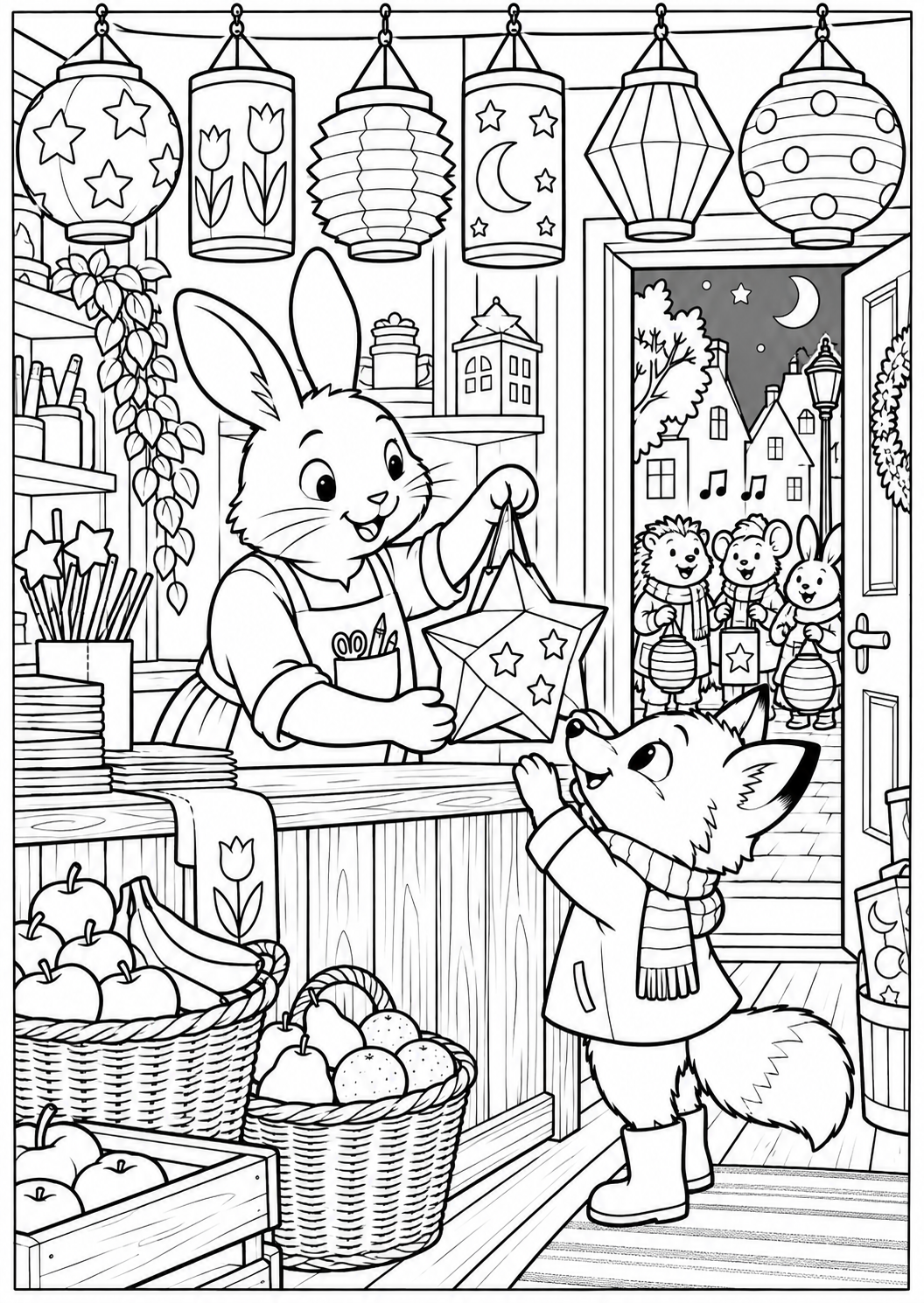 De lampionnenwinkel — zwart-wit kleurplaat