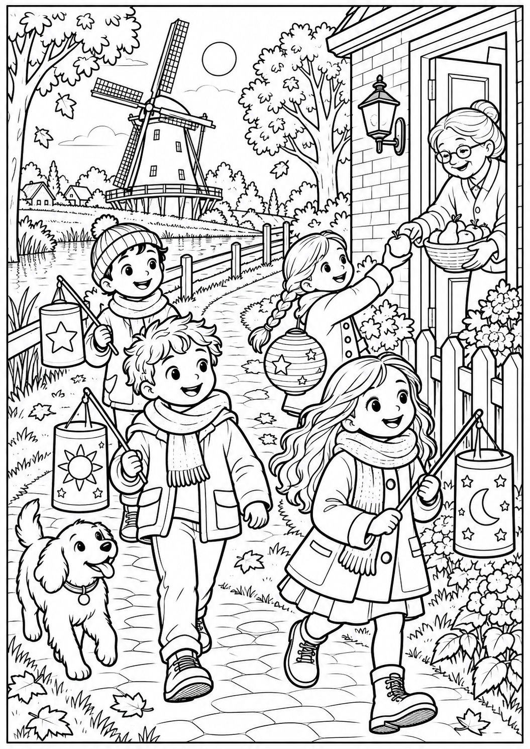 De optocht langs de molen — zwart-wit kleurplaat