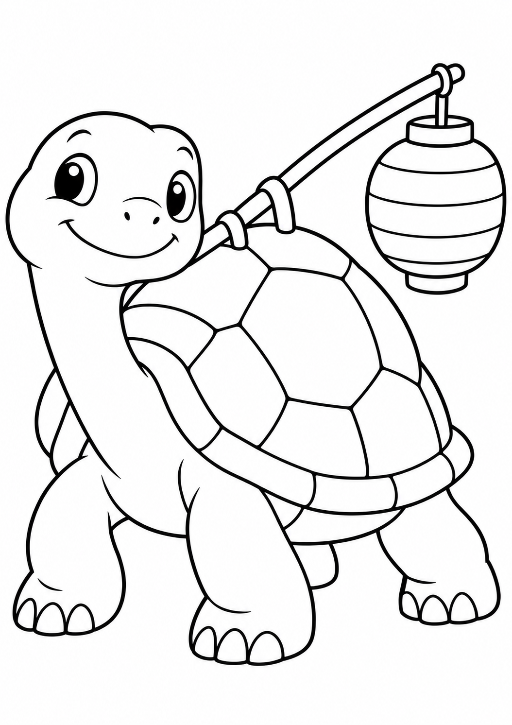 De schildpad met de lampion — zwart-wit kleurplaat